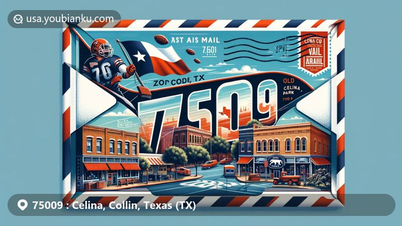 Modern illustration of Celina, Texas, with a creative air mail envelope design and vibrant depiction of the historic Downtown Square, featuring the Celina Bobcats football team and Old Celina Park, combined with a subtle Texas flag in the background.