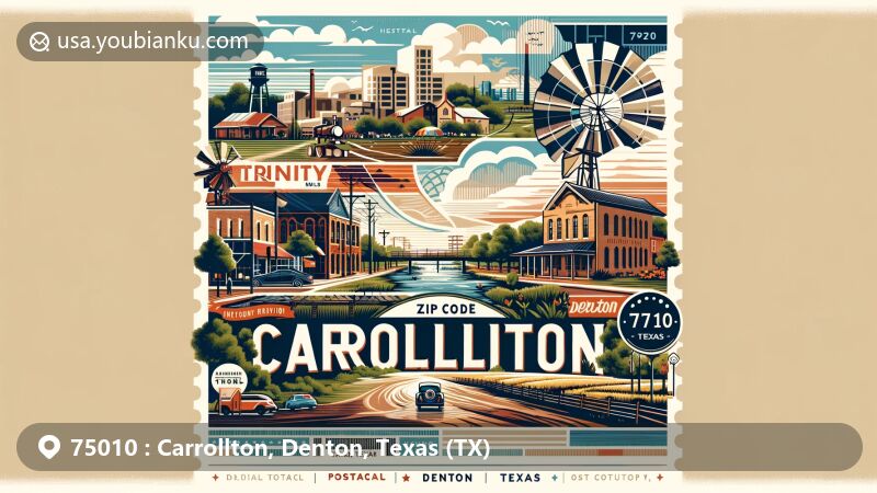 Modern illustration of Carrollton, Texas, blending historical elements like Trinity Mills with Denton's preservation efforts and Downtown Carrollton Square's cultural scene, highlighting ZIP code 75010.