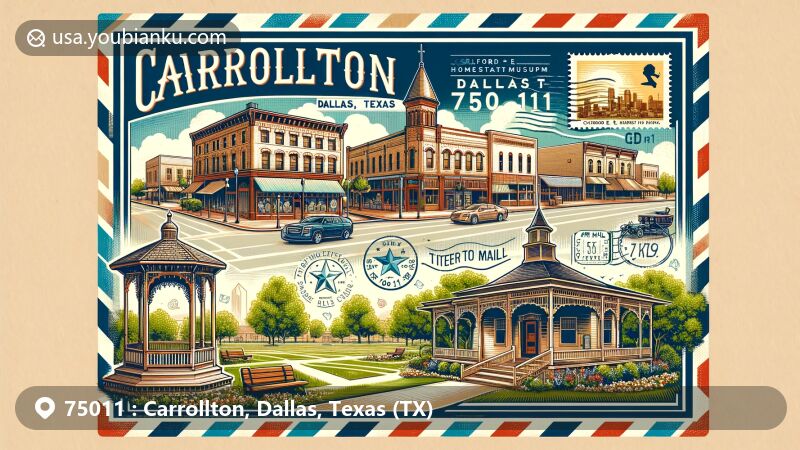 Detailed illustration of Carrollton, Dallas, Texas, ZIP code 75011, showcasing Historic Downtown, A.W. Perry Homestead Museum, and Clifford E. Hall Park.