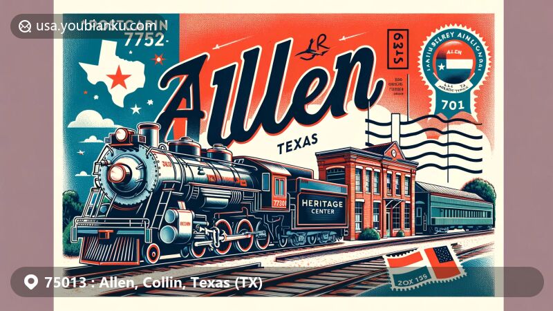 Modern illustration of Allen, Texas, highlighting SDCX steam locomotive and Allen Heritage Center, with flag of Allen and postal theme, incorporating ZIP code 75013.