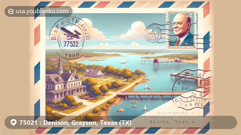 Modern illustration of Denison, Grayson County, Texas, showcasing vintage air mail envelope with Eisenhower Birthplace State Historic Site, Lake Texoma, Denison High School, and wine culture elements, including Hidden Hangar Vineyard and Homestead Winery.