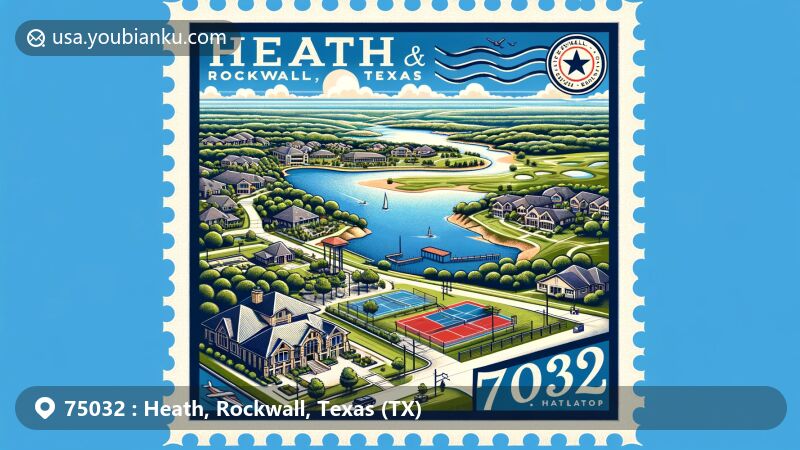Vibrant illustration of Heath, Rockwall, Texas, featuring Lake Ray Hubbard and Heath Golf & Yacht Club, showcasing luxurious amenities including golf course, tennis courts, and stunning lake views.