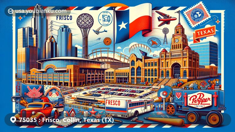 Modern illustration of Frisco, Texas, showcasing The Star, Dr Pepper Ballpark, Karya Siddhi Hanuman Temple, and Collin College Frisco Campus, with a backdrop of Texas pride symbols and postal elements like airmail envelope, stamps, and ZIP code 75035.