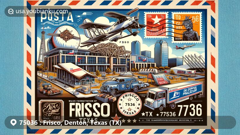 Creative illustration of Frisco, Texas, showcasing postal theme with landmarks like National Videogame Museum, Texas Sculpture Garden, Toyota Stadium, Museum of the American Railroad, and Dr Pepper Ballpark, set against vintage air mail envelope.