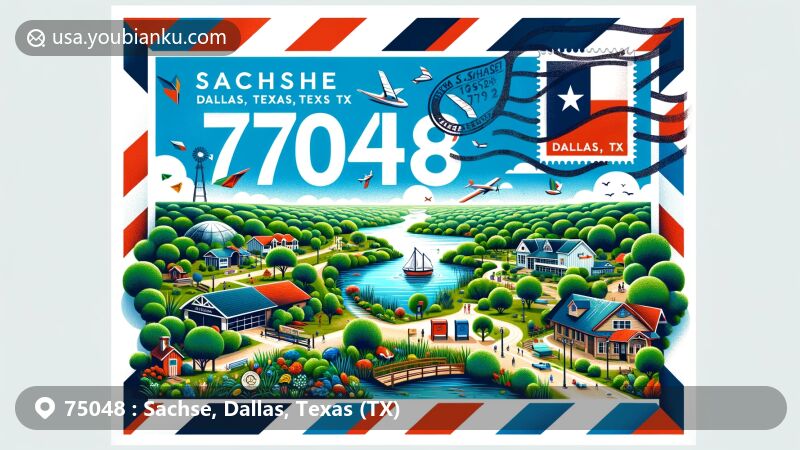 Creative illustration of ZIP code area 75048 in Sachse, Dallas County, Texas, depicting key landmarks like Muddy Creek Nature Preserve, Stone Park, Salmon Park, and Texas state symbols.