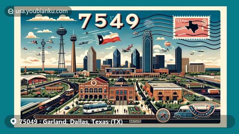 Modern illustration of Garland, Dallas County, Texas, highlighting key landmarks including Plaza Theatre, Firewheel Town Center, and Garland Landmark Museum, with elements of Pace House and Granville Arts Center, featuring Texas state flag and Dallas County skyline, incorporating postal theme with ZIP code 75049, postal stamp, postmark, mailbox, and delivery truck, integrating a small map showing major highways like Interstate 635, State Highway 78, and DART Blue Line.
