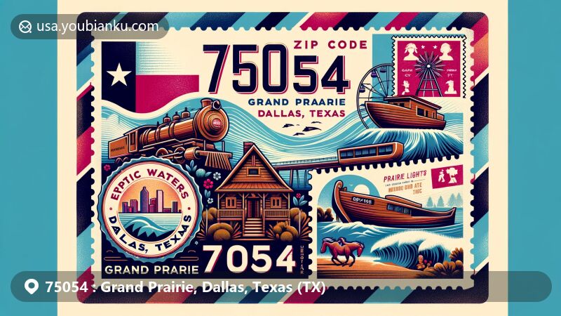 Modern illustration of Grand Prairie, Dallas, Texas, depicting airmail envelope with stamps representing local landmarks and cultural symbols, including Epic Waters Indoor Waterpark, Grand Prairie Log Cabin, Uptown Theater, and Prairie Lights event.