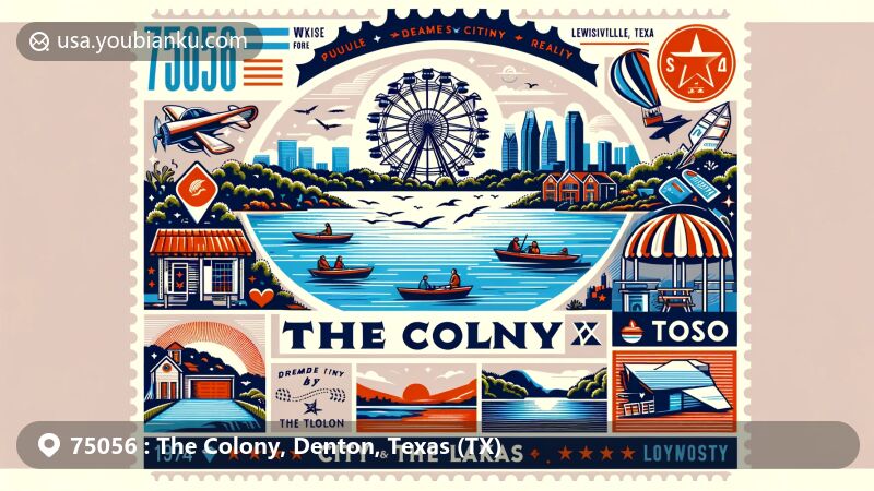 Modern illustration of The Colony, Texas, with ZIP code 75056, capturing vibrant life and natural beauty along Lewisville Lake, reflecting 'City by the Lake' nickname. Features outdoor adventures, landmarks like Grandscape Ferris wheel, and nods to history and community. Includes postal elements like vintage stamp frame, postal mark for 75056, and mail truck, blending postal theme with local pride.