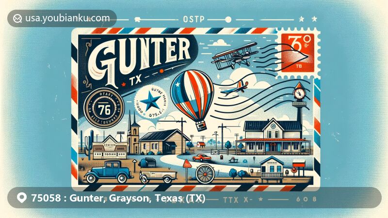 Modern illustration of Gunter, Texas, showcasing a blend of small-town charm and postal elements, including vintage air mail envelope, stamps, and postmark with ZIP code 75058, featuring Texas state flag.