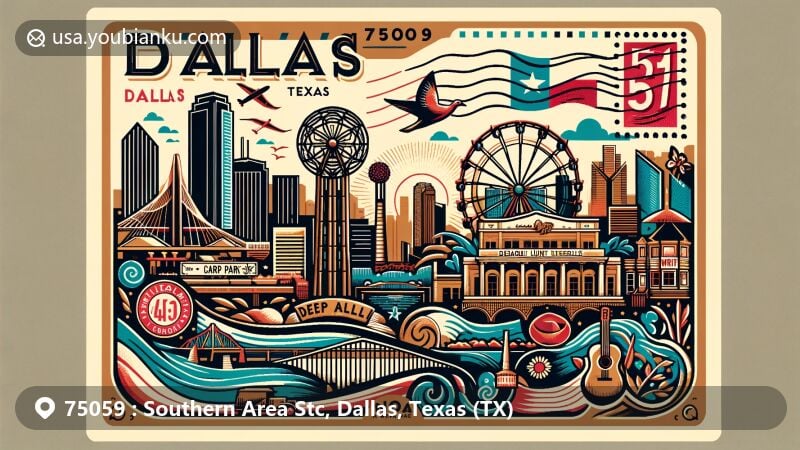 Modern illustration of Dallas, Texas, showcasing iconic landmarks like Margaret Hunt Hill Bridge and Deep Ellum's music scene, complemented by Fair Park's art deco architecture and Cedar Ridge Preserve's natural beauty.