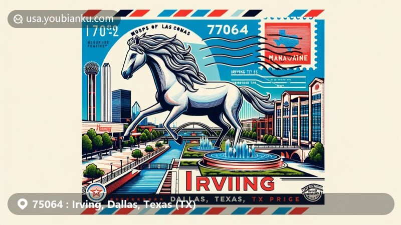 Modern illustration of Irving, Dallas, Texas, emphasizing the 75064 ZIP code area with Mustangs of Las Colinas sculpture and Mandalay Canals, styled as a vintage airmail envelope in blue and red stripes.