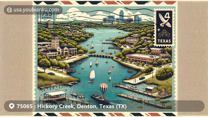 Modern illustration of Hickory Creek, Texas, showcasing Lake Lewisville and key community parks like Arrowhead Park, Harbor Lane Park, and Sycamore Bend Park.
