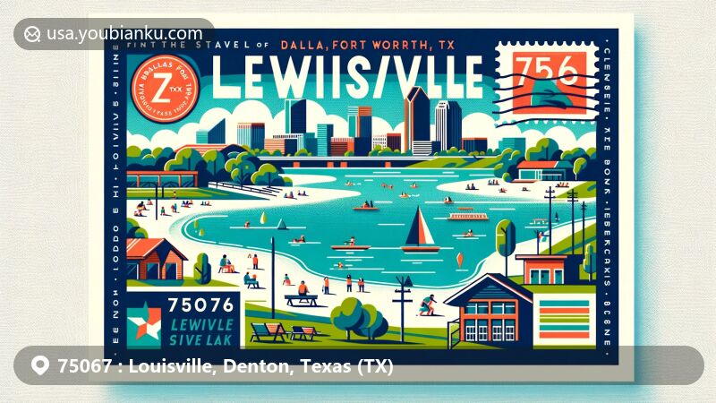 Modern illustration of Lewisville, TX, showcasing Lewisville Lake and recreational activities, with postal elements like stamp and postmark displaying ZIP code 75067.
