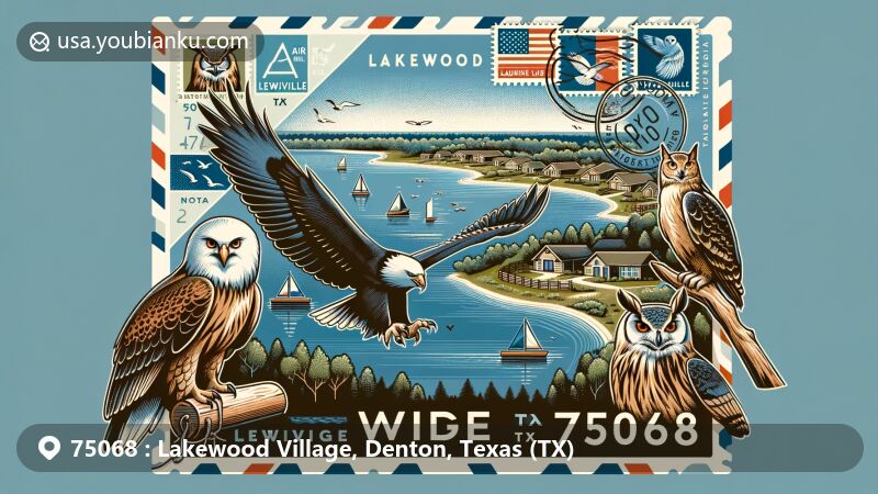Modern illustration of Lakewood Village, Denton County, Texas, featuring wildlife like bald eagles, owls, hawks, and deer by Lewisville Lake, with postal elements including air mail envelope, wildlife stamps, and postal mark.