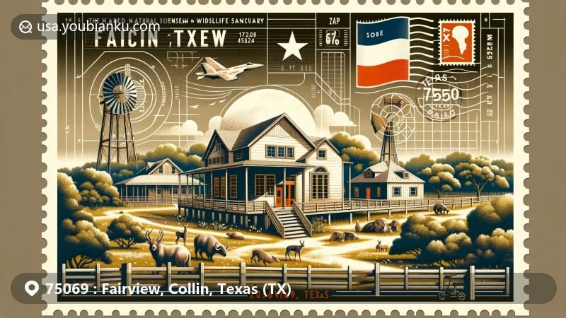 Modern illustration of Fairview, Collin County, Texas, showcasing key elements like the Heard Natural Science Museum and Wildlife Sanctuary, spacious houses, and open landscapes, with symbolic representations of Texas, including the Lone Star and Texas flag stamp.