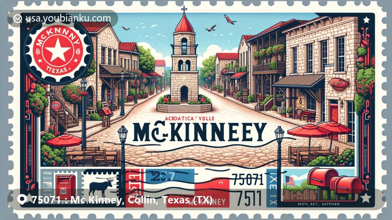 Modern illustration of McKinney, Collin County, Texas, showcasing postal theme with ZIP code 75071, featuring Adriatica Village with Croatian coastal town ambiance and iconic bell tower, celebrating local charm and postal tradition.