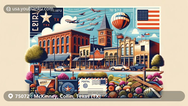 Modern illustration of McKinney, Collin County, Texas, capturing the essence of ZIP code 75072 with historic downtown, Texas blackland prairies, and Heard Natural Science Museum. Postal theme includes vintage postcard elements and ZIP code 75072.
