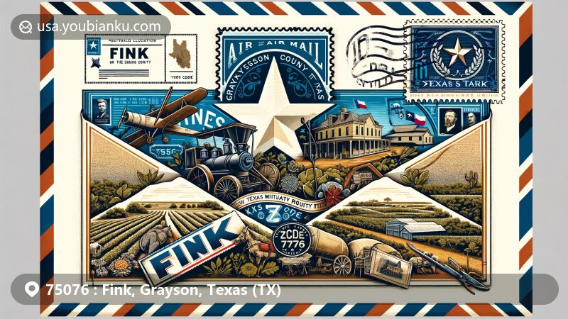 Modern illustration of Fink, Grayson County, Texas, highlighting historical and agricultural roots with a postal theme showcasing ZIP code 75076, including a vintage airmail envelope, postage stamp, postmark, and a map of Grayson County.