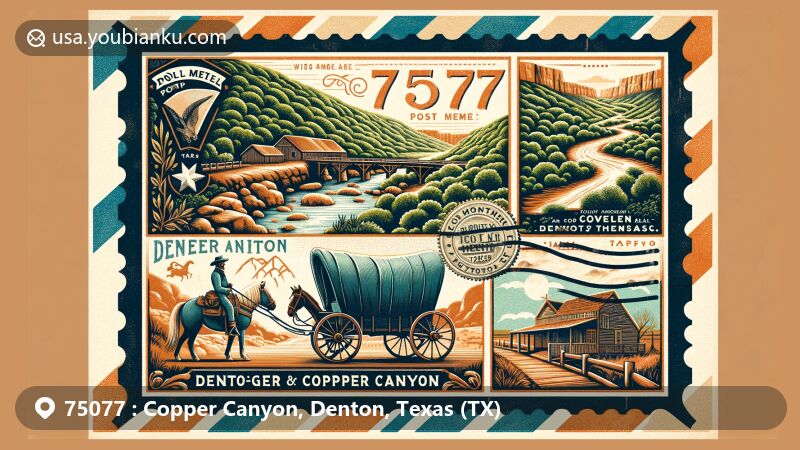 Modern illustration of ZIP code 75077, Copper Canyon, Denton, Texas, featuring vintage air mail envelope with local symbols, lush landscapes, historic Old Alton Bridge, covered wagon, and horse trail.
