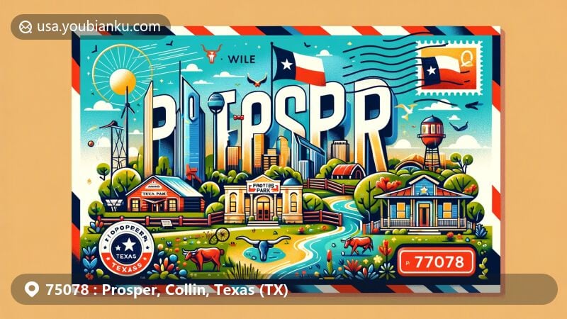 Modern illustration of Prosper, Texas, showcasing Frontier Park, state flag, and Texas heritage with longhorns and cowboys, creatively framed as a postcard with ZIP code 75078.
