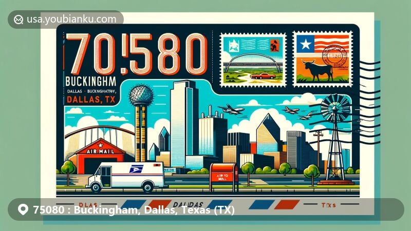 Modern postcard-style illustration of ZIP code 75080 Buckingham area in Dallas, Texas, featuring Dallas skyline with Reunion Tower and Cattle Drive Sculptures, air mail envelope with Texas symbols and postal elements.