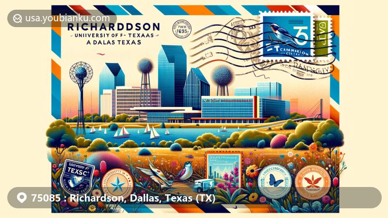 Modern illustration of Richardson, Dallas, Texas, capturing ZIP code 75085, highlighting University of Texas at Dallas and Telecom Corridor, integrating elements from AT&T, Verizon, Cisco Systems, Samsung, and Texas Instruments, featuring landmarks like Eisemann Center for Performing Arts and Breckinridge Park.