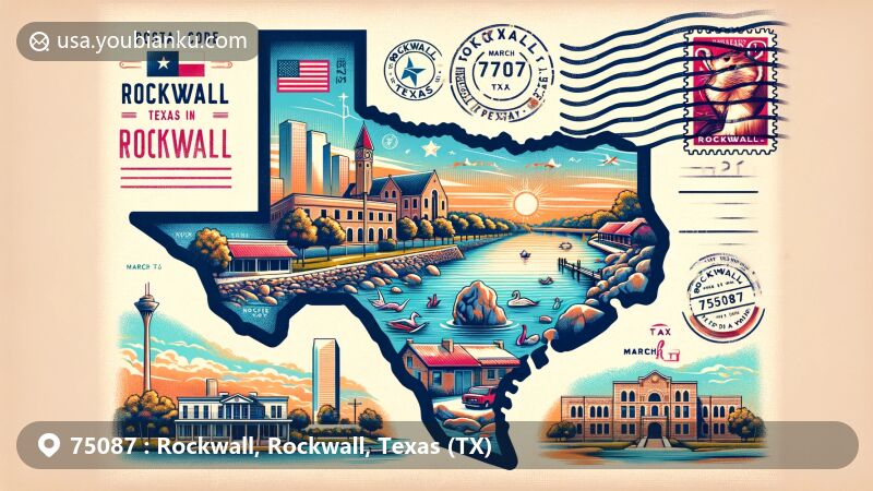 Modern illustration of Rockwall, Rockwall County, Texas, showcasing postal theme with ZIP code 75087, featuring Lake Ray Hubbard, Historic Downtown Rockwall, and the unique rock formations, blending realism and whimsy.