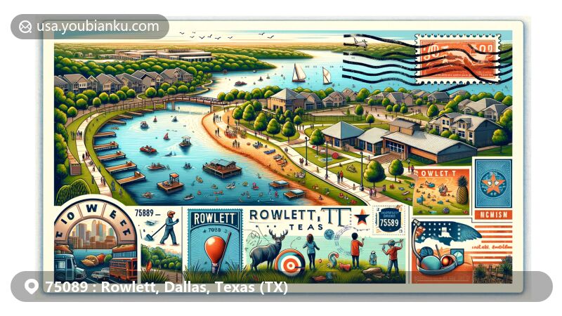 Contemporary illustration of Rowlett, Texas, in the 75089 ZIP code area, featuring Lake Ray Hubbard and community symbols like parks, trails, and play areas, with nods to shopping and dining venues.