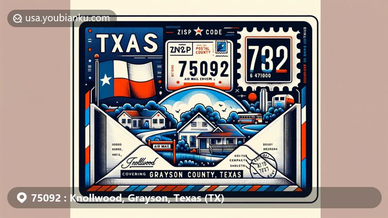 Modern illustration of Knollwood, Grayson County, Texas, showcasing postal theme with ZIP code 75092, featuring elements that symbolize Texas and Grayson County.