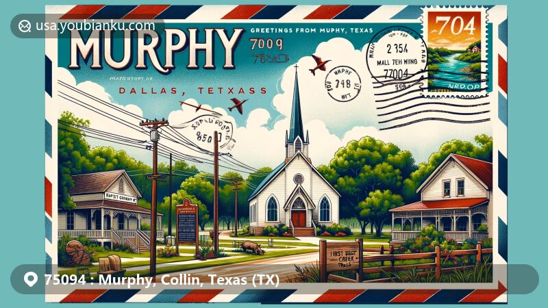 Modern illustration of Murphy, Texas, in Collin County, showcasing postal theme with ZIP code 75094, featuring First Baptist Church, Maxwell Creek Trails, and South Fork Ranch.