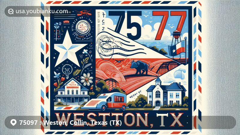 Modern illustration of Weston, Collin County, Texas, showcasing postal theme with ZIP code 75097, featuring Texas flag and postmark, reflecting local landscapes and educational symbols.