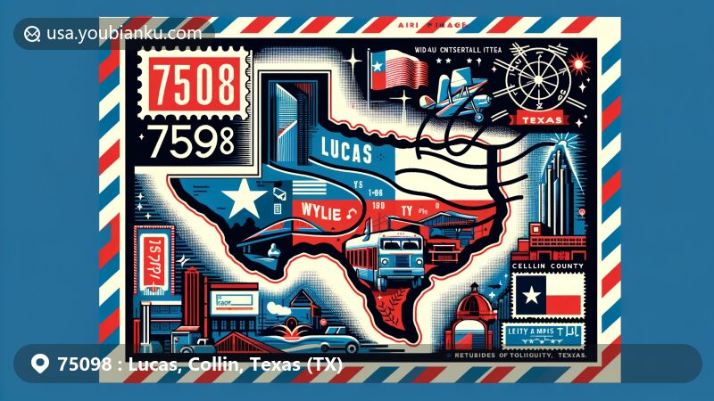 Creative wide-format illustration of ZIP code 75098, encompassing Lucas and Wylie in Collin County, Texas, designed as a modern postcard with a postage stamp, postmark, and prominent ZIP code. Celebrates Texas state flag, Collin County outline, and local landmarks in a contemporary style.