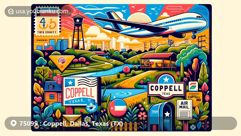 Modern illustration of Coppell, Texas, showcasing postal theme with ZIP code 75099, featuring Coppell Nature Park and symbols of city growth and suburban community.