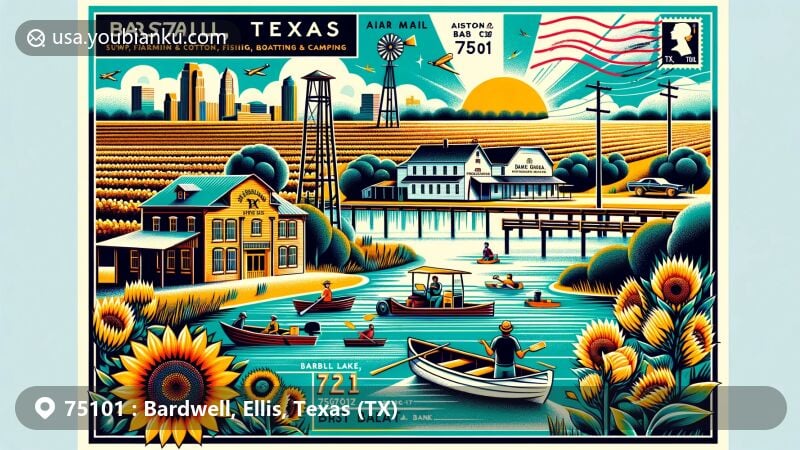 Modern illustration of Bardwell, Texas, highlighting farming community atmosphere with cotton and sunflower fields, Bardwell Lake for swimming, fishing, boating, and camping, and postal theme with ZIP code 75101.