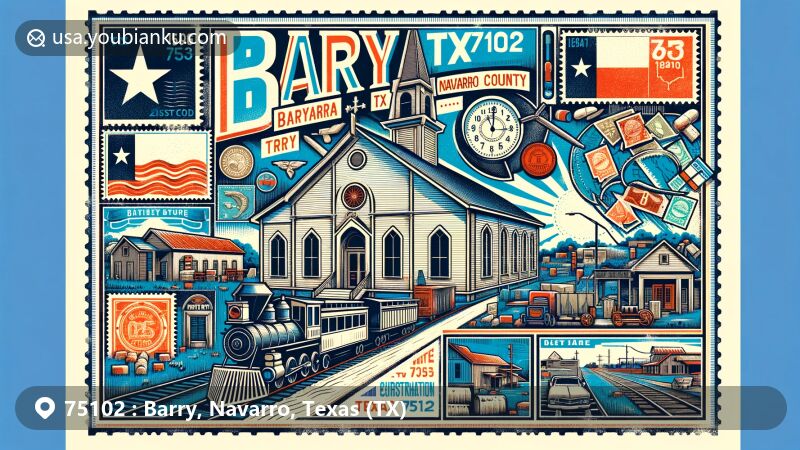 Modern illustration of Barry, Navarro County, Texas, a representation of ZIP code 75102, featuring Barry Baptist Church and historical railway elements, blended with Texas state symbols and postal motifs.
