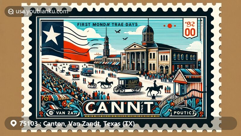 Modern illustration of Canton, Texas, combining local iconic features with postal elements, featuring 'First Monday Trade Days' scene, Van Zandt County Courthouse silhouette, and Texas state flag.