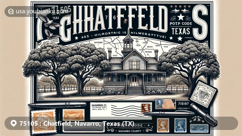 Modern illustration of Chatfield, Texas, highlighting ZIP code 75105, featuring historic 'Hodge Oaks' and oak trees, showcasing antebellum architecture and Navarro County's outline, with symbols of Texas like the state flag. Includes postal elements like postcard layout, ZIP code '75105', postage stamps, and postmark.