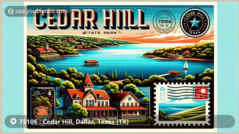 Modern illustration of Cedar Hill, Texas, highlighting Cedar Hill State Park, Joe Pool Lake, and historical buildings, with a postal-themed section featuring '75106 Cedar Hill, TX' and artistic elements like a postage stamp and postmark.