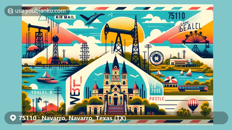 Creative illustration of ZIP code 75110 in Navarro, Texas, featuring air mail envelope design with vibrant colors, including oil derricks of Powell Field, Lake Halbert Park, and Temple Beth-El's Moorish Revival architecture.