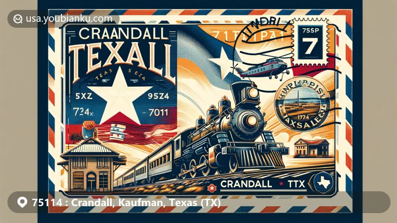 Modern illustration of Crandall, Texas, highlighting railway history with vintage train and Texas Trunk Railroad, featuring state symbols like the flag, all within a creative airmail envelope design.