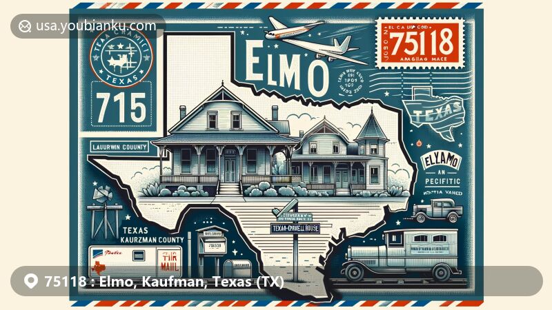 Modern illustration of Elmo, Texas, ZIP code 75118, featuring iconic landmarks like the Warren-Crowell House and Texas and Pacific Railway, incorporating postal elements such as stamps, postmarks, mailbox, and mail car.