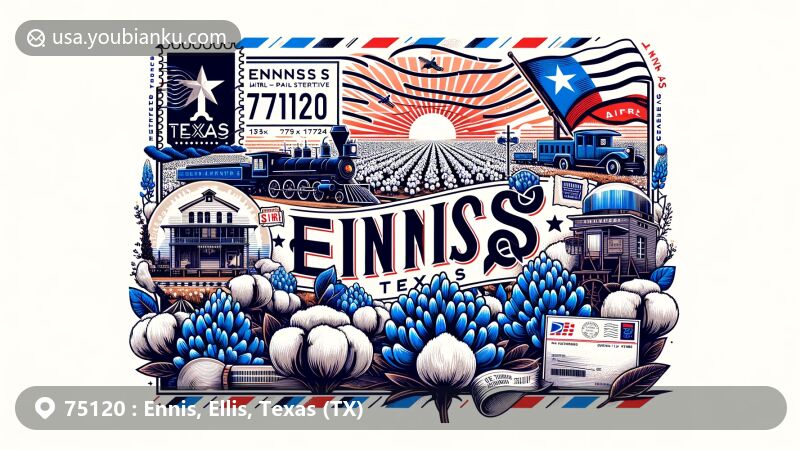 Modern illustration of Ennis, Texas, capturing the essence of zip code 75120 with iconic elements like cotton fields, Ennis Railroad, and bluebonnets, reflecting the city's history and culture.