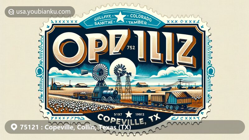 Illustration of Copeville, Collin County, Texas, capturing the area's historical and postal elements, featuring vast landscapes and blue skies. Includes symbols of the Gulf, Colorado and Santa Fe Railway, cotton gin, and bois d'arc timber, symbolizing its timber supply role. Modern postal elements like a stylized postal stamp with ZIP code 75121, envelope, and 'Copeville, TX' postmark, highlighting its location near Lavon Lake.