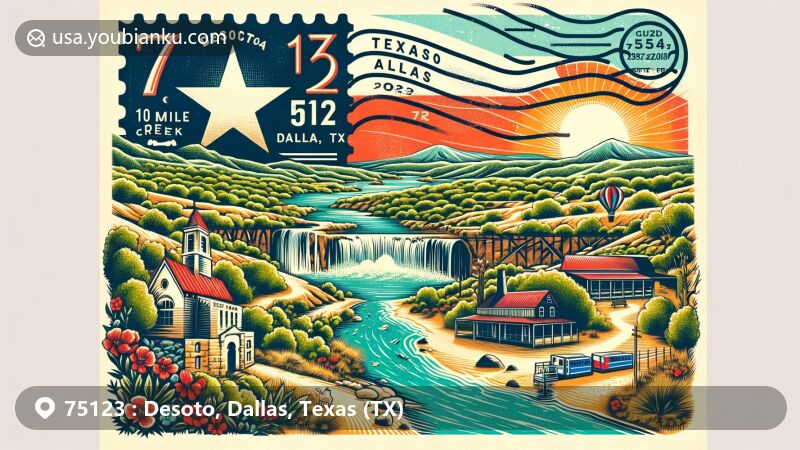 Modern illustration of Desoto, Dallas, Texas, showcasing postal theme with ZIP code 75123, featuring Roy Orr Trail and Windmill Hill Nature Preserve, integrated with Texas state flag and vintage postcard elements.