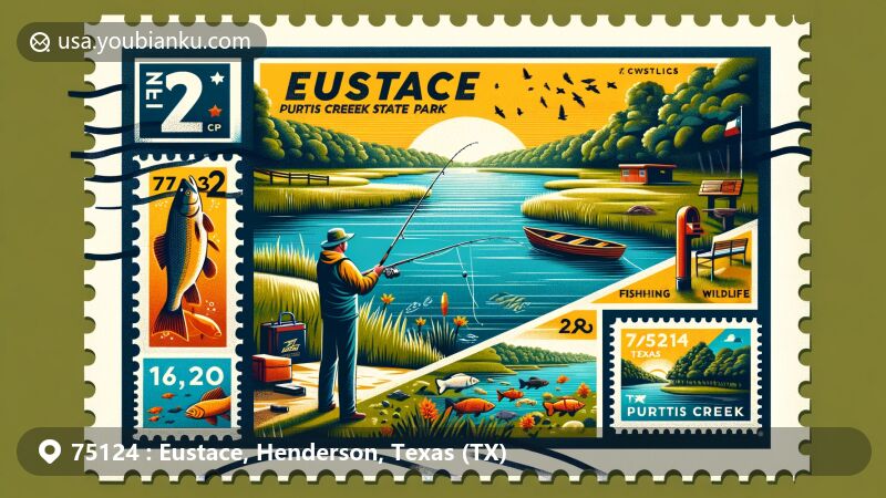 Vivid illustration of Eustace, Henderson County, Texas, featuring Purtis Creek State Park and outdoor activities like fishing and wildlife, blending a modern postal theme with ZIP code 75124 and local attraction icons.