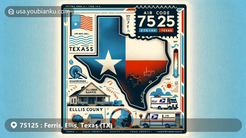 Modern illustration of Ferris, Ellis County, Texas, displaying postal theme with ZIP code 75125, featuring Shadowcreek Ranch and Texas state flag.