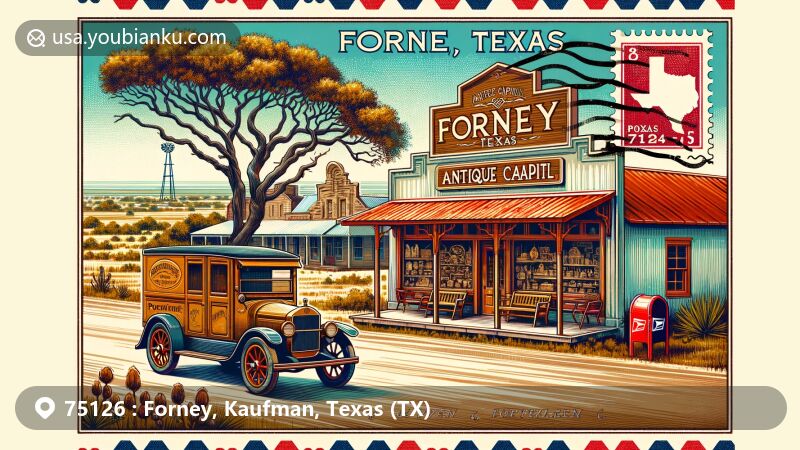 Modern illustration of Forney, Texas, showcasing 'Antique Capital of Texas' theme with blackland prairies, Bois d'Arc trees, antique store, and vintage postal elements, including postal vehicle and mailbox with ZIP code 75126.
