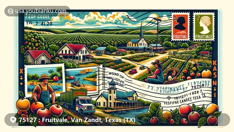 Modern illustration of Fruitvale, Van Zandt County, Texas, showcasing postal theme with ZIP code 75127, featuring fruit orchards, Sabine River Valley, and community activities like fishing, apple picking, and outdoor adventures.