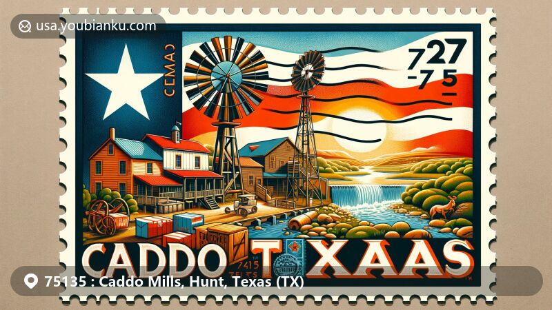 Detailed illustration of Caddo Mills, Texas, featuring a creatively designed postage stamp with scenes of the city, including rural landscapes, Caddo Indians, and a gristmill, surrounded by Texas state flag and postal elements like postmark and ZIP code 75135.