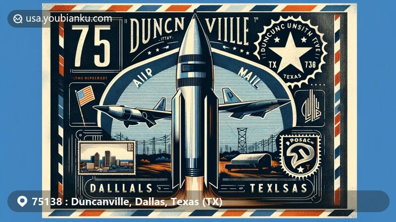 Modern illustration of Duncanville, Dallas, Texas, showcasing postal theme with ZIP code 75138, featuring vintage air mail envelope, NIKE missile monument, and Texas state symbols.